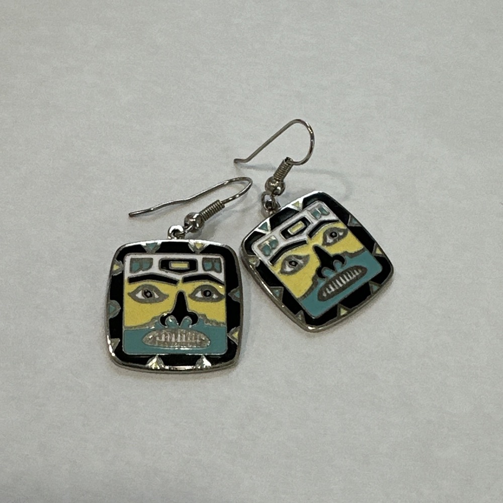 Vintage Cloisonné Earrings Dangle David Audette tribal mask EUC